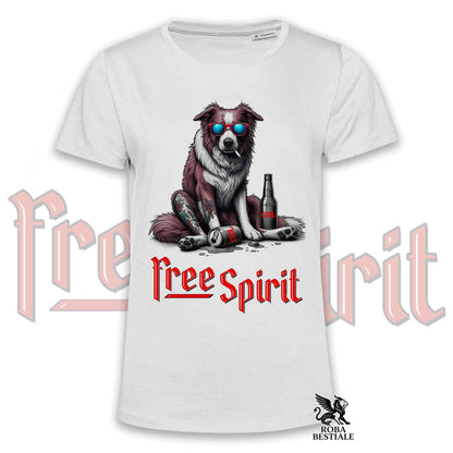 T-Shirt FREE SPIRIT - BORDER COLLIE Bianco e Rosso - Bianca o Beige, da Uomo o da Donna - dalla XS alla 5XL
