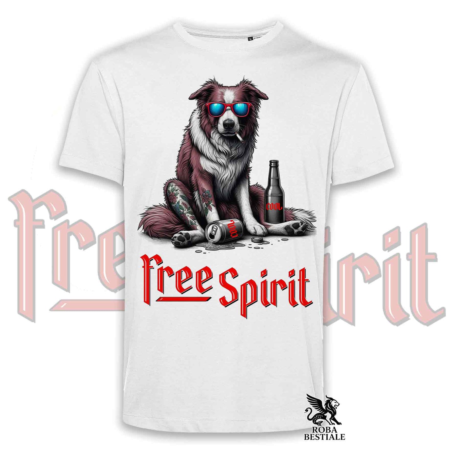 T-Shirt FREE SPIRIT - BORDER COLLIE Bianco e Rosso - Bianca o Beige, da Uomo o da Donna - dalla XS alla 5XL