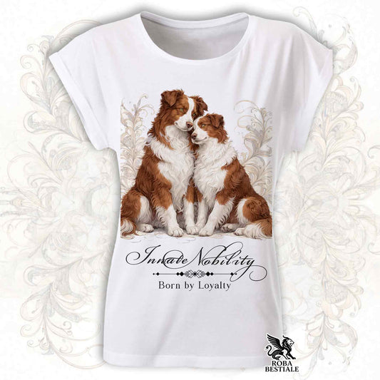 T-Shirt NOBILITY - BORDER COLLIE Bianco e Rosso - Fashion Cut - Bianca, da Donna - dalla XS alla 5XL