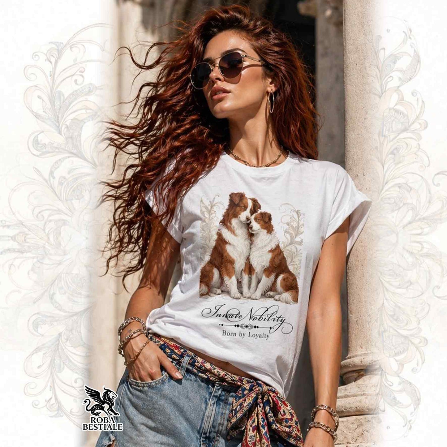 T-Shirt NOBILITY - BORDER COLLIE Bianco e Rosso - Fashion Cut - Bianca, da Donna - dalla XS alla 5XL