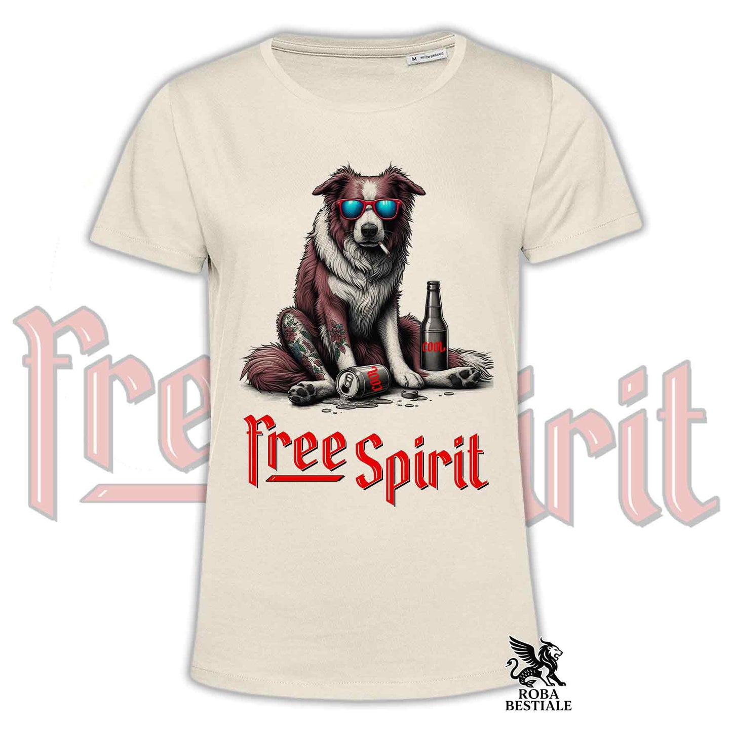 T-Shirt FREE SPIRIT - BORDER COLLIE Bianco e Rosso - Bianca o Beige, da Uomo o da Donna - dalla XS alla 5XL
