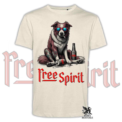 T-Shirt FREE SPIRIT - BORDER COLLIE Bianco e Rosso - Bianca o Beige, da Uomo o da Donna - dalla XS alla 5XL