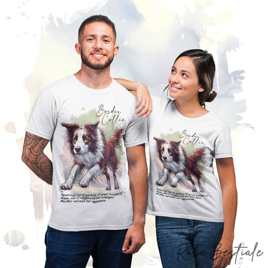 T-Shirt BEHAVIOR - BORDER COLLIE Rosso e Bianco - Standard FCI - 100% Cotone, Bianca, Uomo o Donna - dalla XS alla 5XL