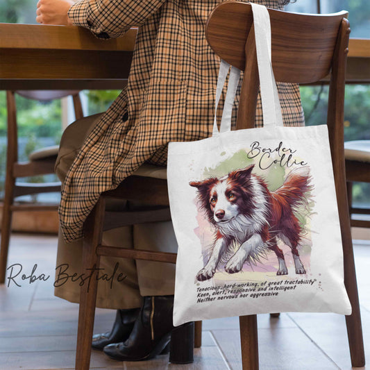 Shopper BEHAVIOR - BORDER COLLIE Bianco e Rosso - Standard FCI - Diversi colori disponibili, 100% Cotone