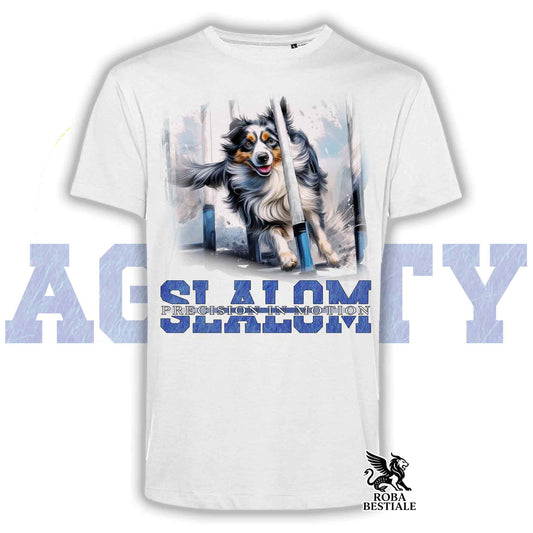 T-Shirt AGILITY SLALOM - BORDER COLLIE Blue Merle - Bianca, colore dettagli a scelta - dalla XS alla 5XL
