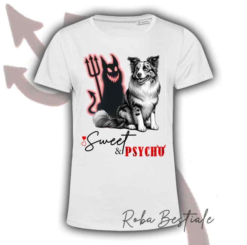 T-Shirt SWEET&PSYCHO - BORDER COLLIE Blue Merle - BIANCA, Uomo o Donna - dalla XS alla 5XL