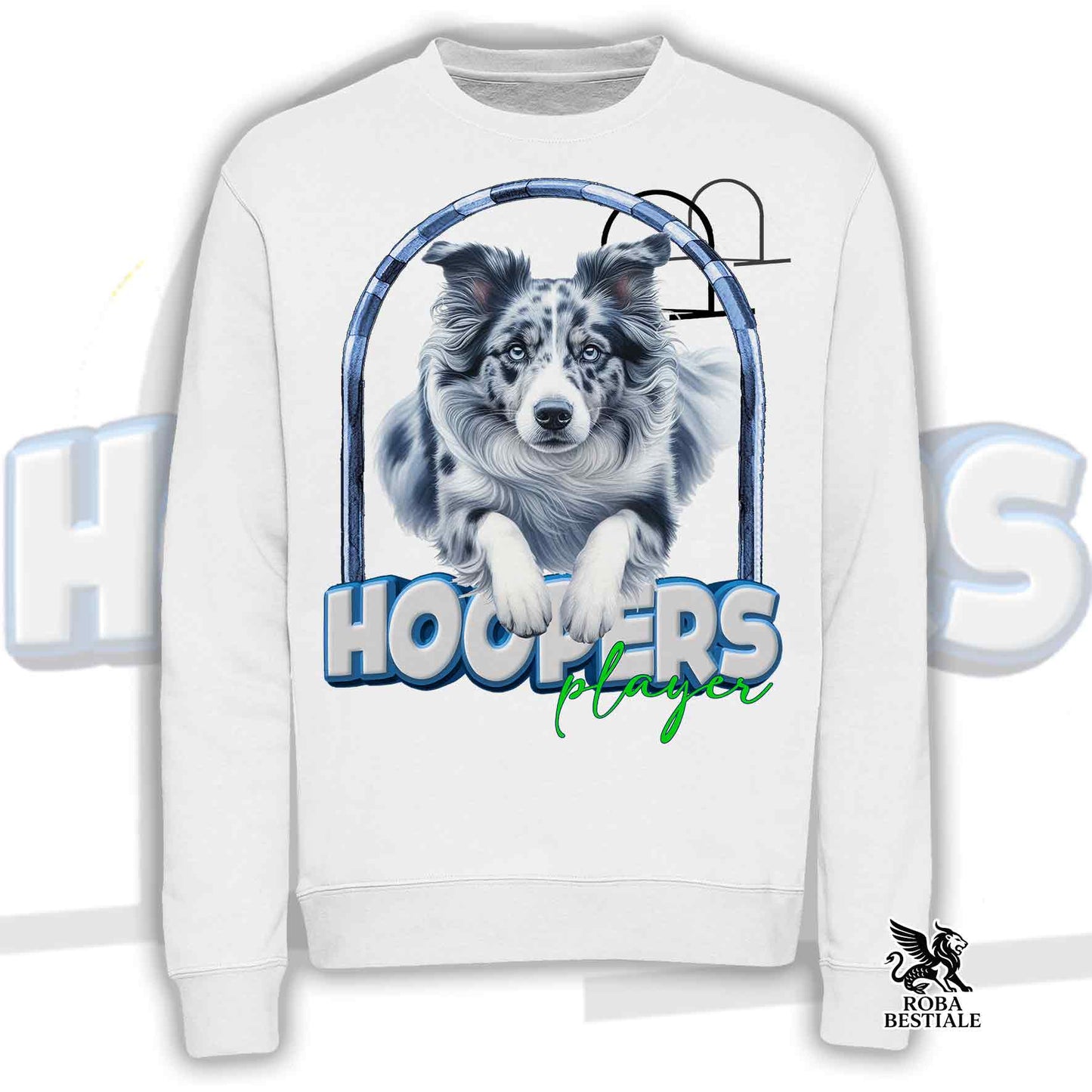 HOOPERS Player Sweatshirt - BORDER COLLIE Blue Merle - Crew neck, Unisex - White or Beige - from XS to 3XL