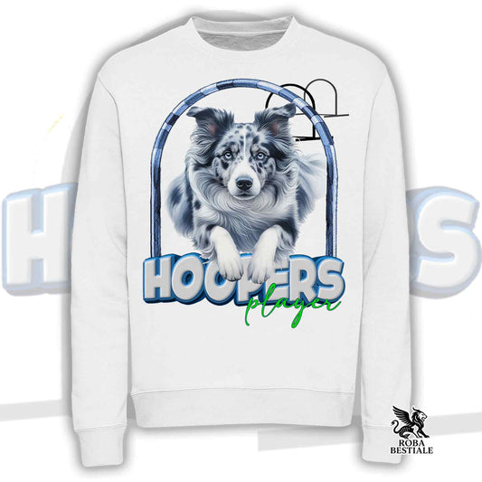 Felpa HOOPERS Player - BORDER COLLIE Blue Merle - Girocollo, Unisex - Bianca o Beige - dalla XS alla 3XL