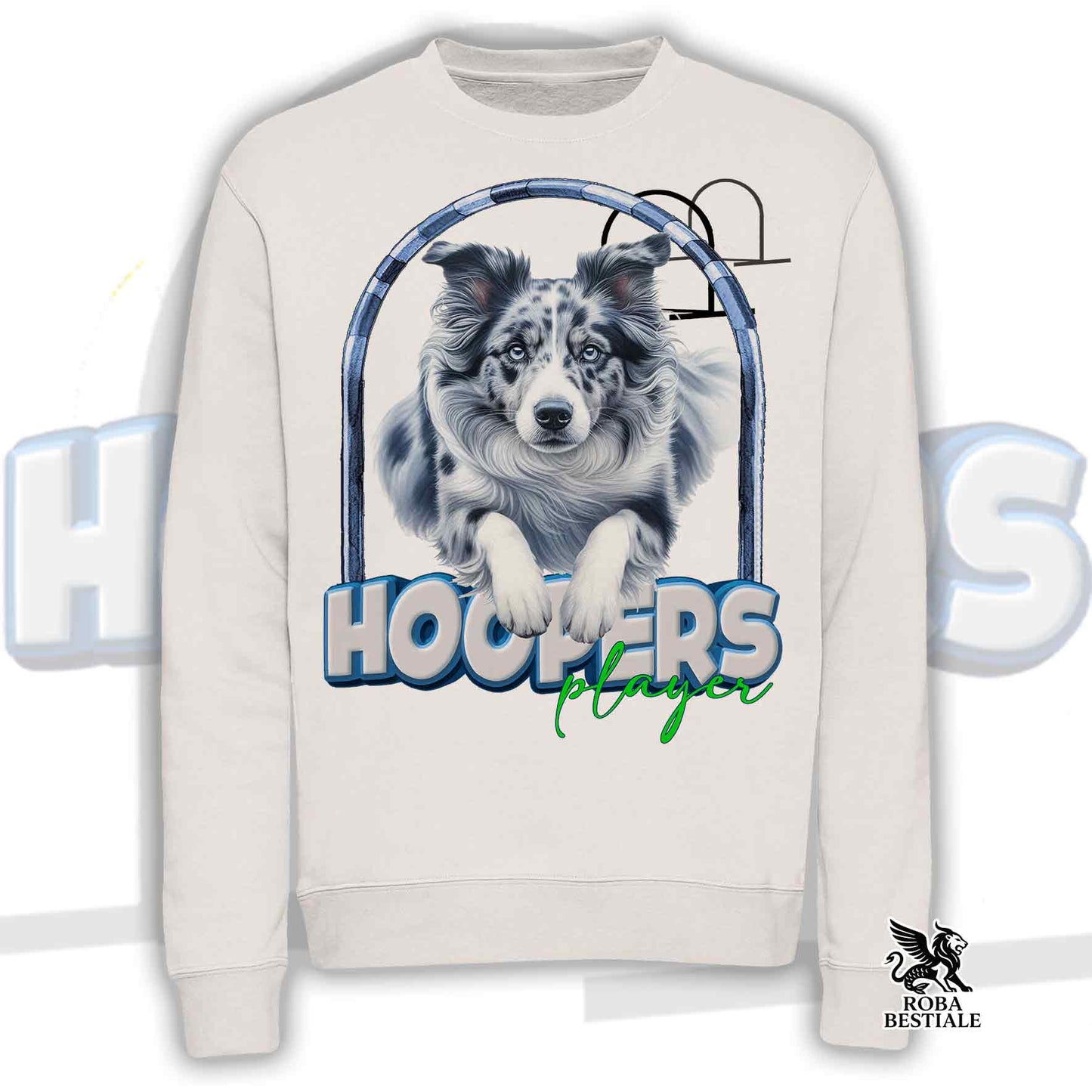 HOOPERS Player Sweatshirt - BORDER COLLIE Blue Merle - Crew neck, Unisex - White or Beige - from XS to 3XL