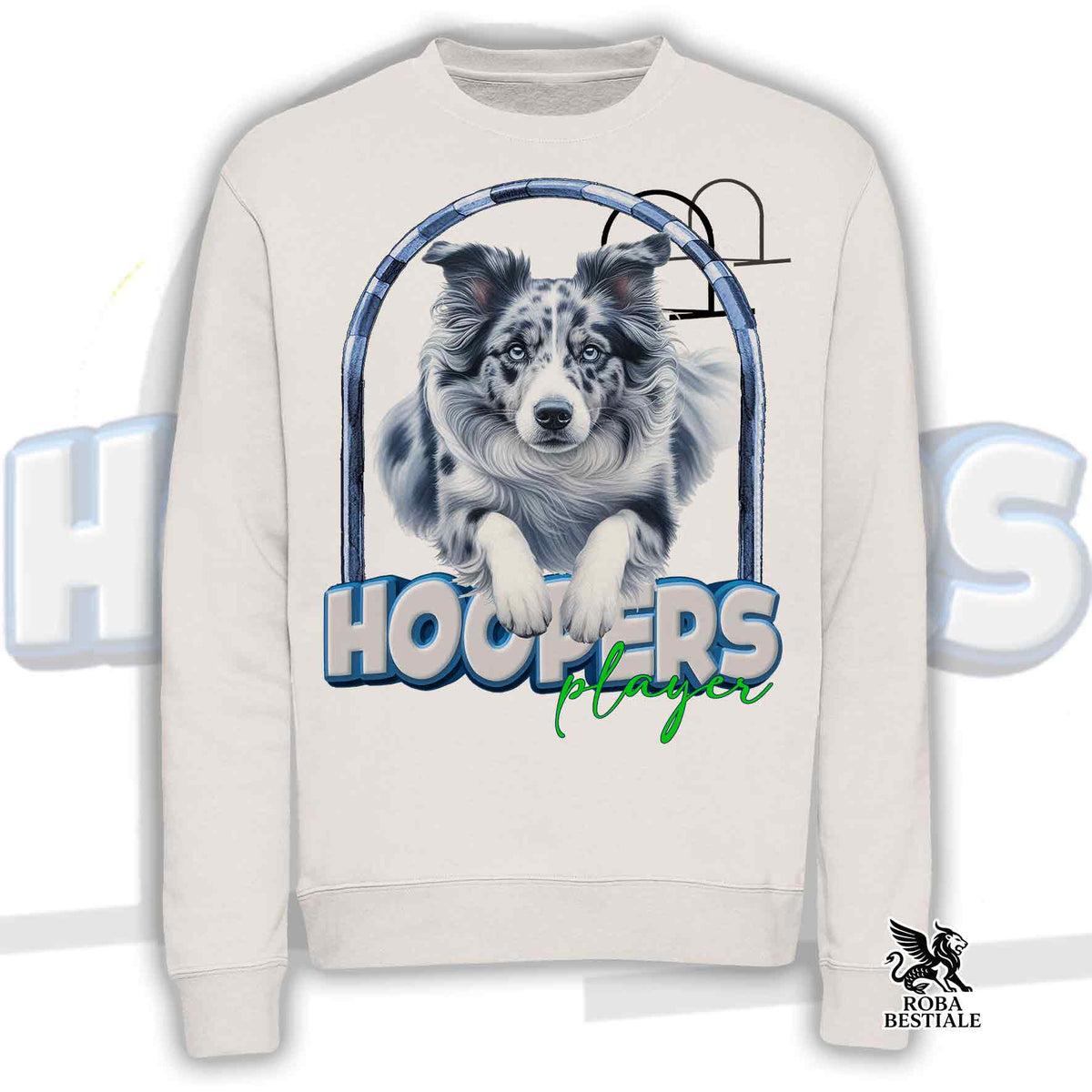 Felpa girocollo unisex off-white con grafica cane Border Collie e logo HOOPERS