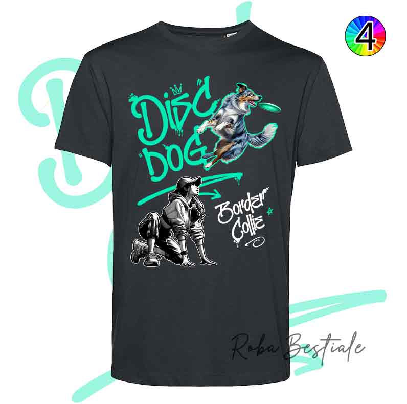T-Shirt NERA Disc Dog GRAFFITI - BORDER COLLIE Blue Merle - Design "GIRL" - Dettagli in 4 colori!