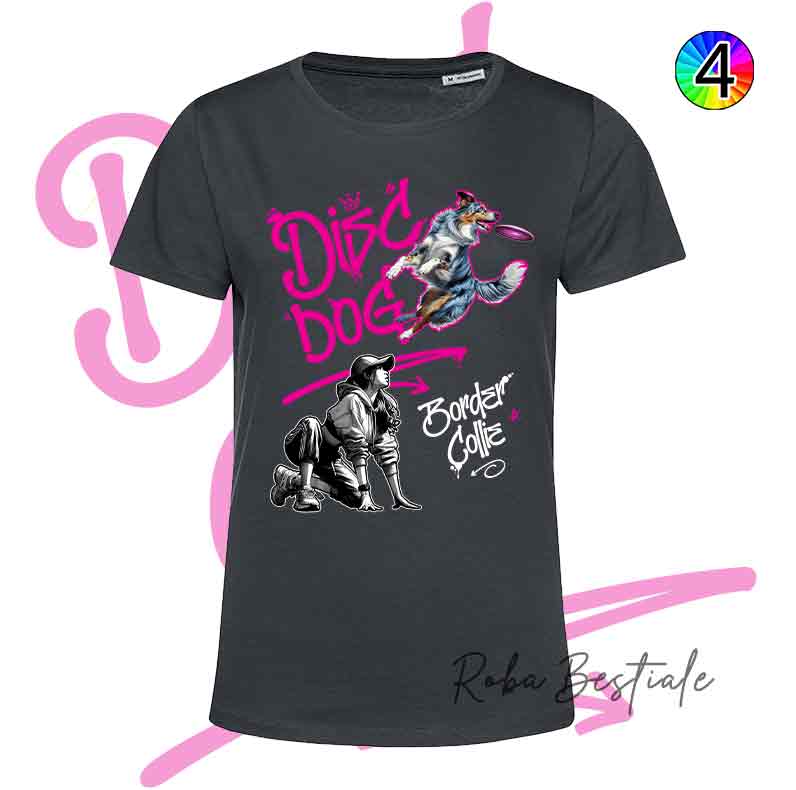 T-Shirt NERA Disc Dog GRAFFITI - BORDER COLLIE Blue Merle - Design "GIRL" - Dettagli in 4 colori!
