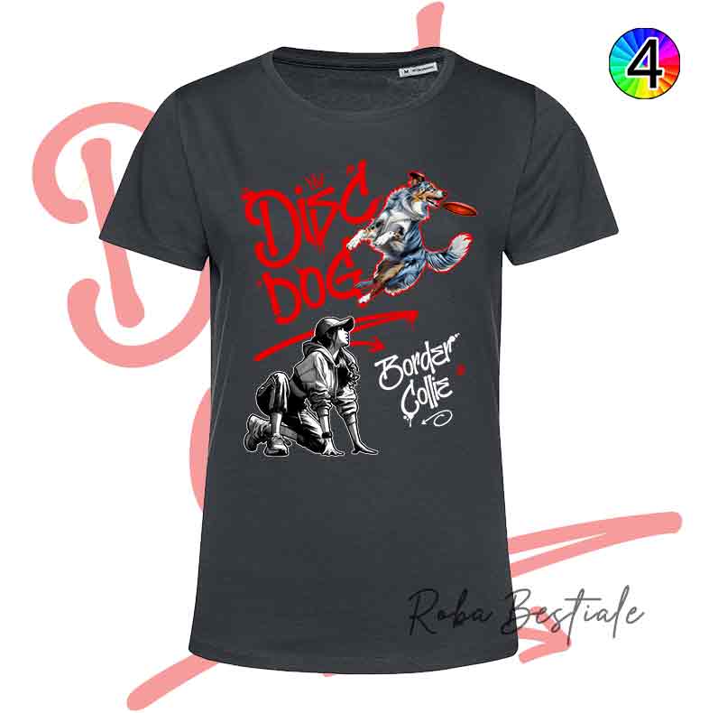 T-Shirt NERA Disc Dog GRAFFITI - BORDER COLLIE Blue Merle - Design "GIRL" - Dettagli in 4 colori!