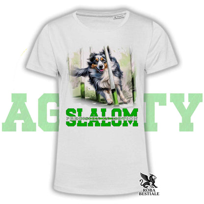 T-Shirt AGILITY SLALOM - BORDER COLLIE Blue Merle - Bianca, colore dettagli a scelta - dalla XS alla 5XL