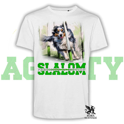 T-Shirt AGILITY SLALOM - BORDER COLLIE Blue Merle - Bianca, colore dettagli a scelta - dalla XS alla 5XL