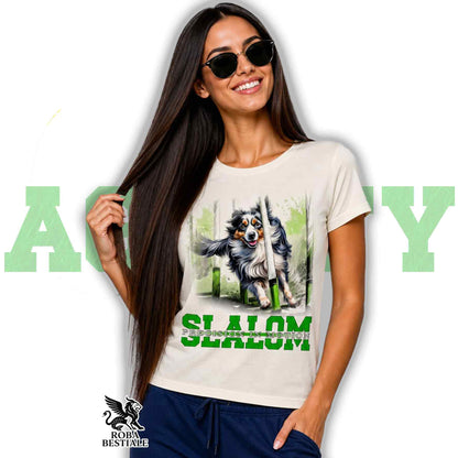 T-Shirt AGILITY SLALOM - BORDER COLLIE Blue Merle - Off White, colore dettagli a scelta - dalla XS alla 2XL