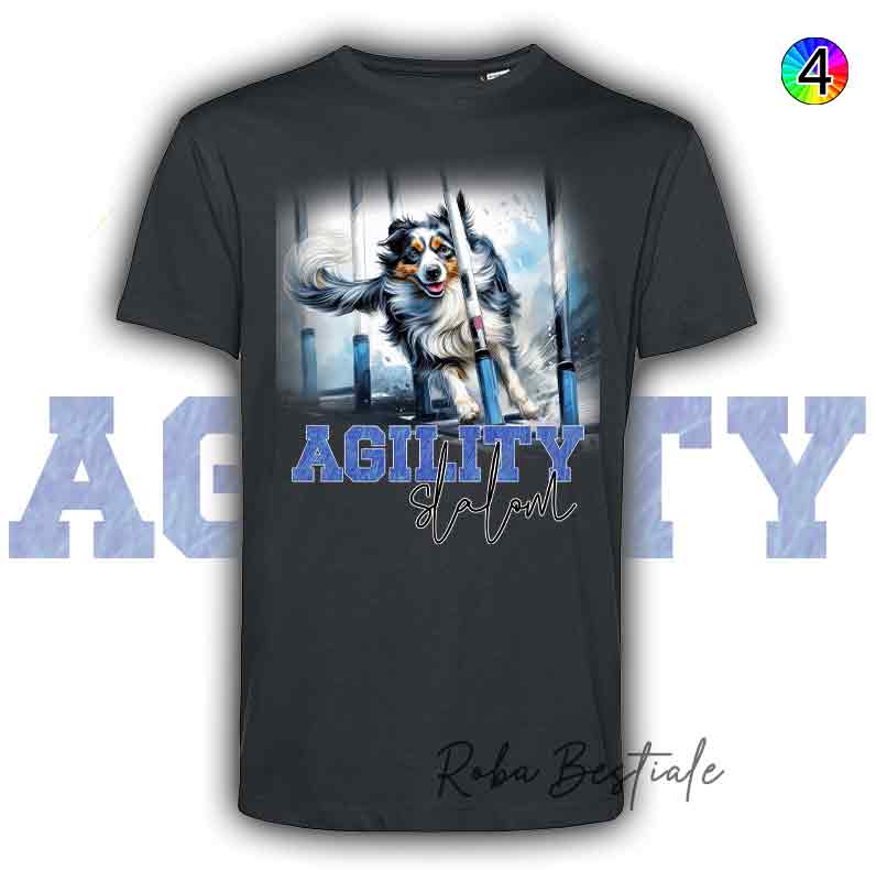 T-Shirt Nera AGILITY SLALOM - BORDER COLLIE Blue Merle - Scritta in 4 colori a scelta - dalla XS alla 5XL
