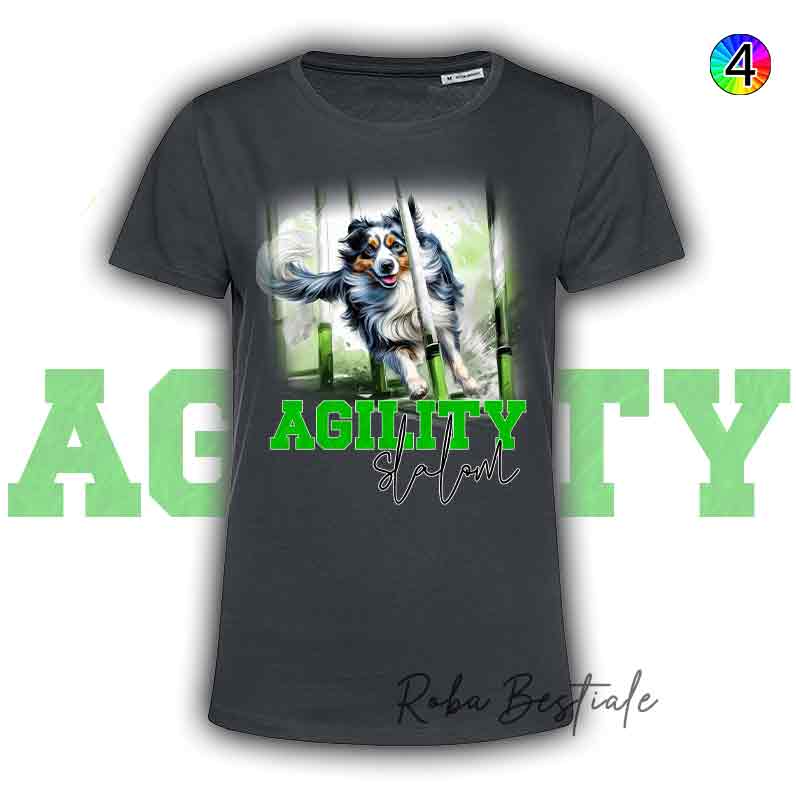 T-Shirt Nera AGILITY SLALOM - BORDER COLLIE Blue Merle - Scritta in 4 colori a scelta - dalla XS alla 5XL