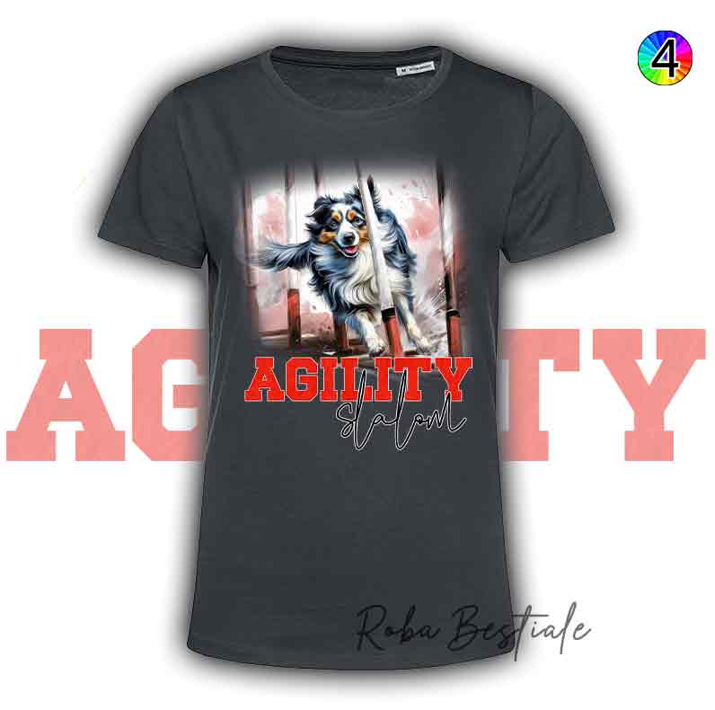 T-Shirt Nera AGILITY SLALOM - BORDER COLLIE Blue Merle - Scritta in 4 colori a scelta - dalla XS alla 5XL
