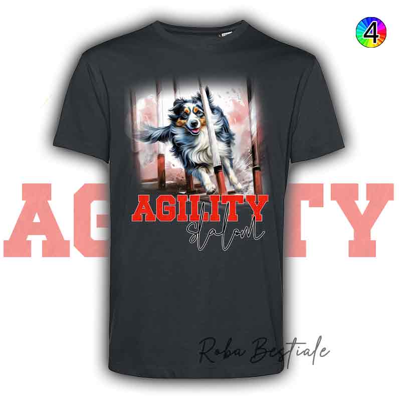 T-Shirt Nera AGILITY SLALOM - BORDER COLLIE Blue Merle - Scritta in 4 colori a scelta - dalla XS alla 5XL