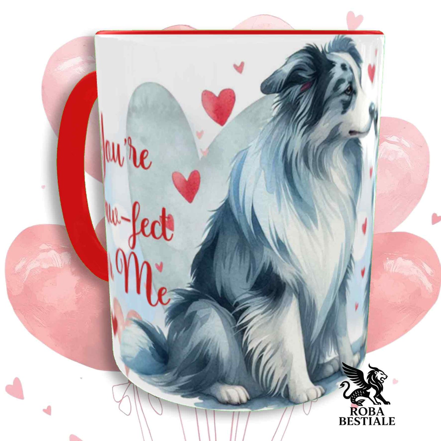 Tazza LOVE ME - BORDER COLLIE Blue Merle - In Ceramica, con dettagli Rossi - 330 ml