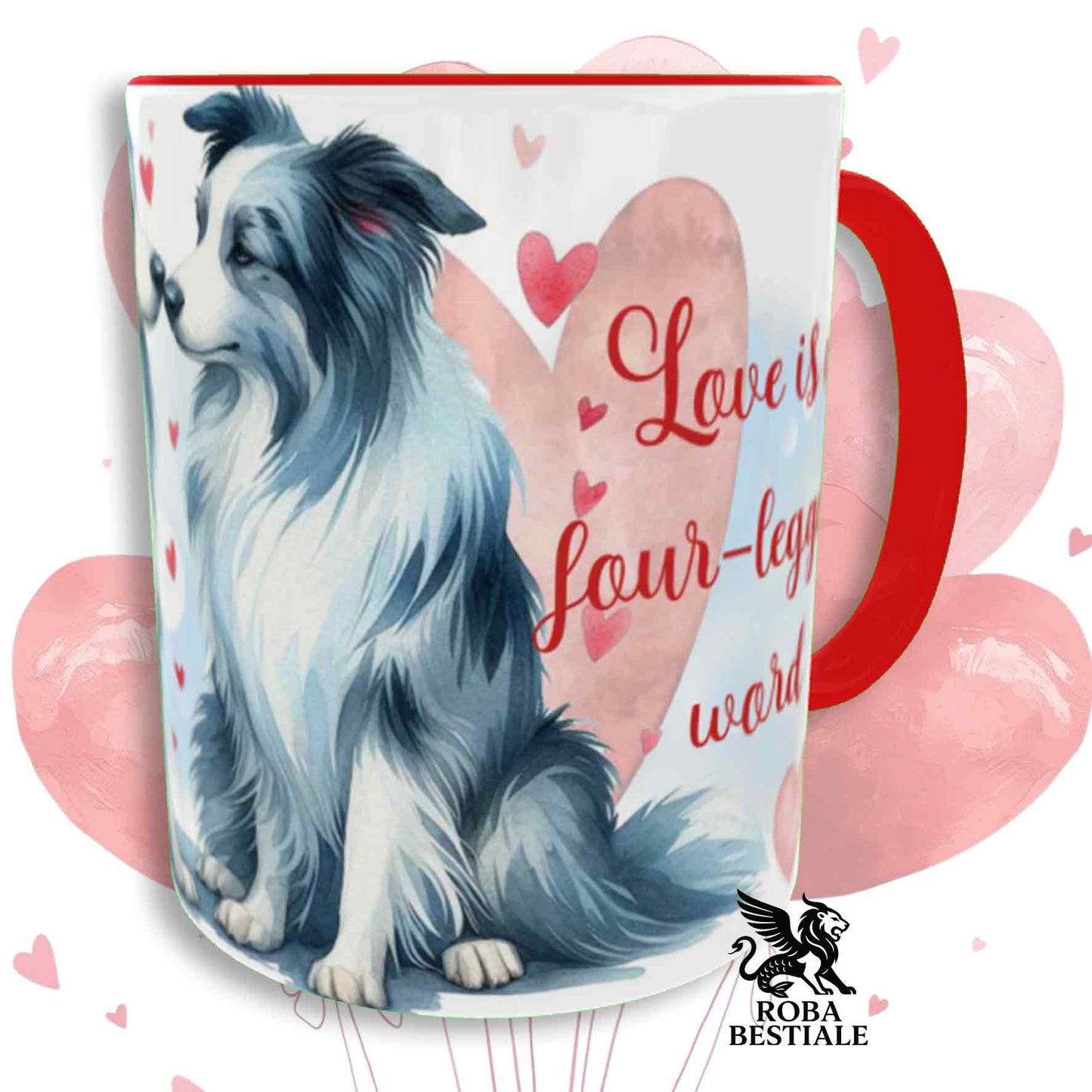 Tazza LOVE ME - BORDER COLLIE Blue Merle - In Ceramica, con dettagli Rossi - 330 ml