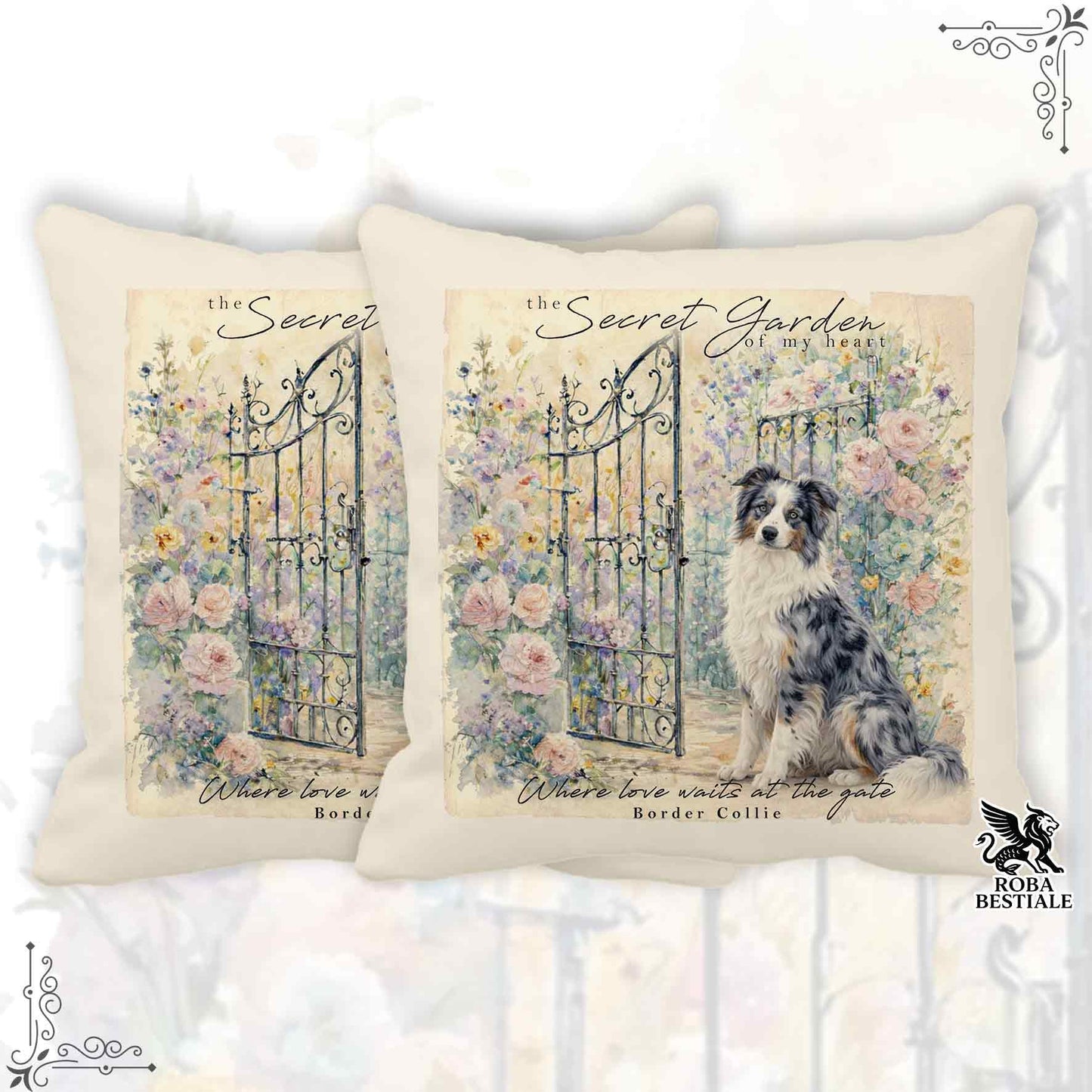 Cuscino SECRET GARDEN - BORDER COLLIE Blue Merle - 100% Tela di Cotone - 40x40 cm