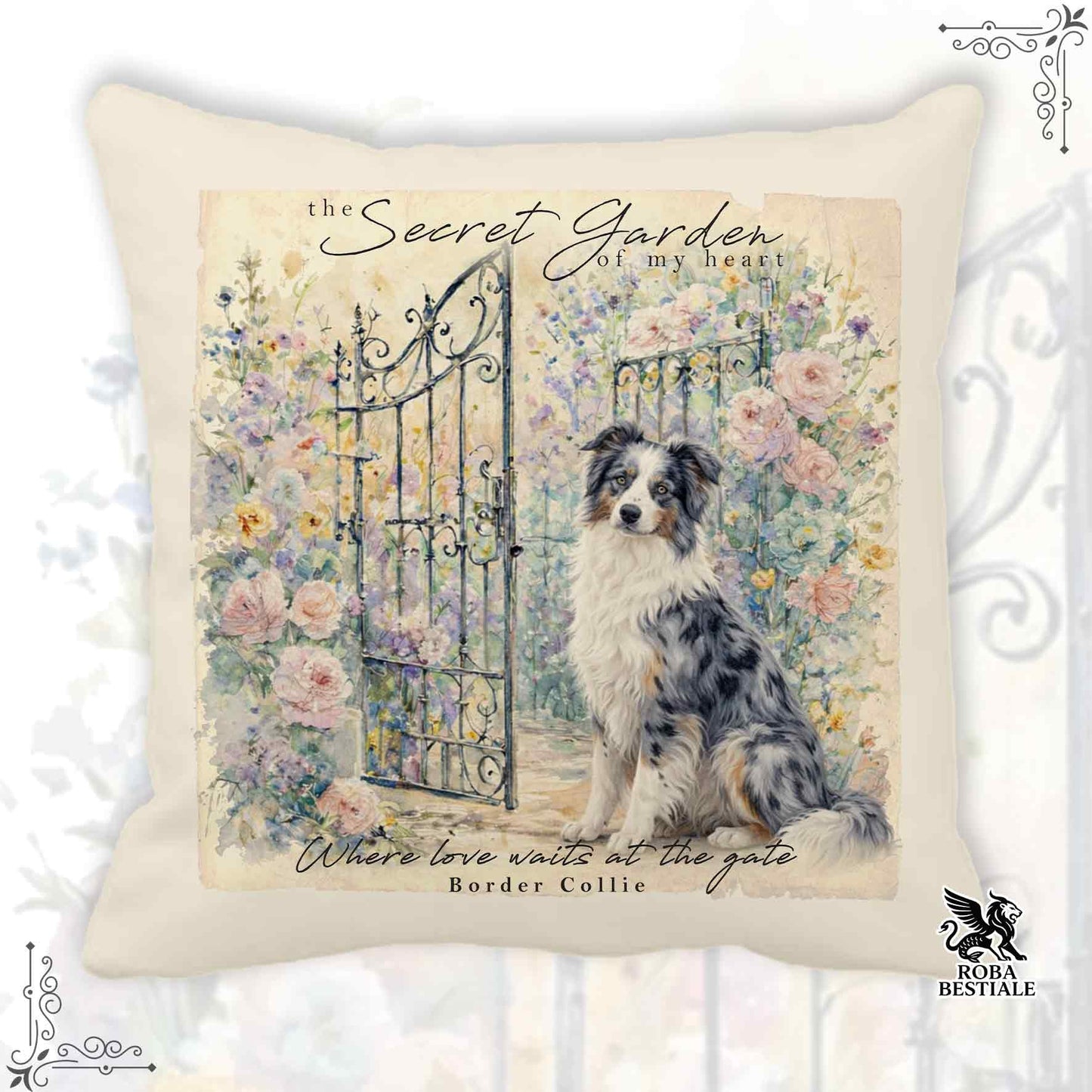 Cuscino SECRET GARDEN - BORDER COLLIE Blue Merle - 100% Tela di Cotone - 40x40 cm