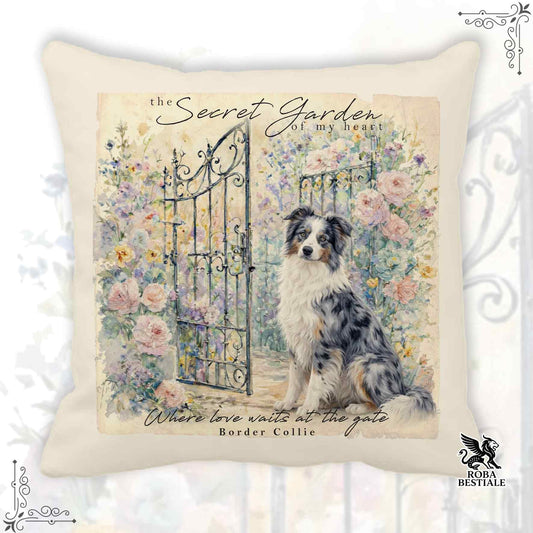 Cuscino SECRET GARDEN - BORDER COLLIE Blue Merle - 100% Tela di Cotone - 40x40 cm