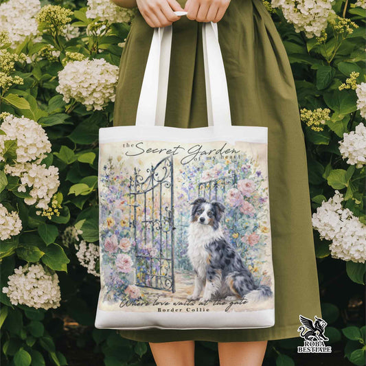 Tote Bag SECRET GARDEN - BORDER COLLIE Blue Merle - 100% Cotone - Bianca o Beige