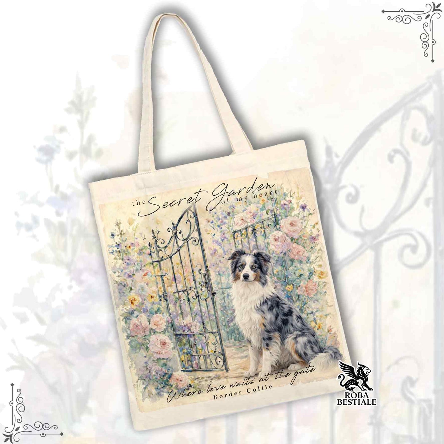 Tote Bag SECRET GARDEN - BORDER COLLIE Blue Merle - 100% Cotone - Bianca o Beige