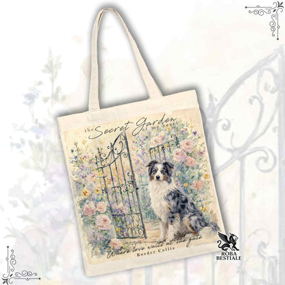 Tote Bag SECRET GARDEN - BORDER COLLIE Blue Merle - 100% Cotone - Bianca o Beige