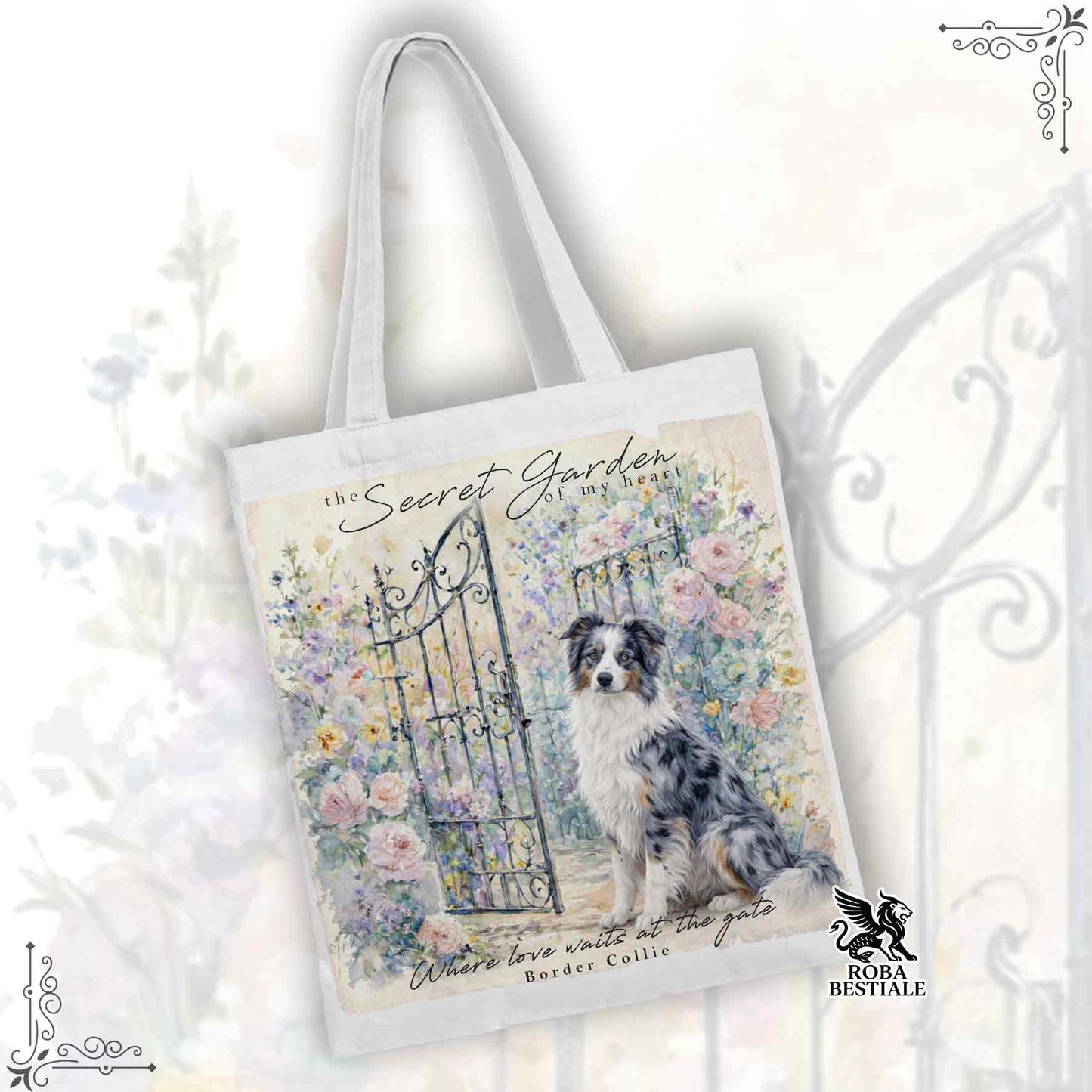 Tote Bag SECRET GARDEN - BORDER COLLIE Blue Merle - 100% Cotone - Bianca o Beige