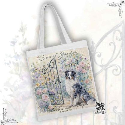 Tote Bag SECRET GARDEN - BORDER COLLIE Blue Merle - 100% Cotone - Bianca o Beige