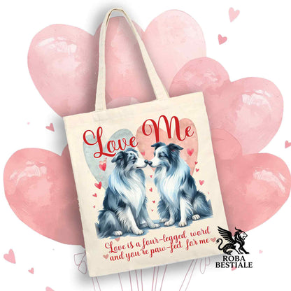 Tote Bag LOVE ME - BORDER COLLIE Blue Merle - 100% Cotone - Bianca o Beige