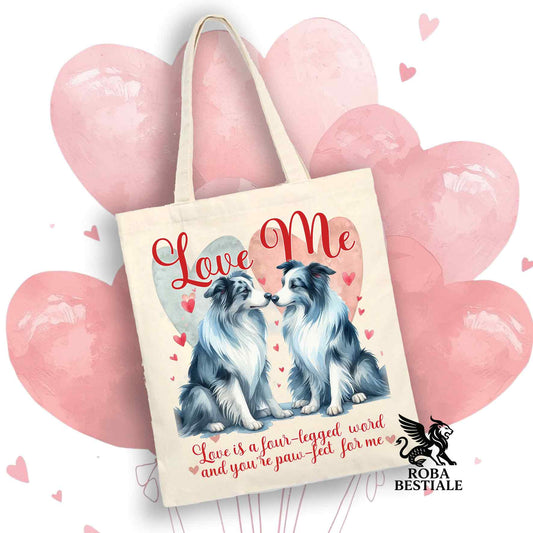 Tote Bag LOVE ME - BORDER COLLIE Blue Merle - 100% Cotone - Bianca o Beige