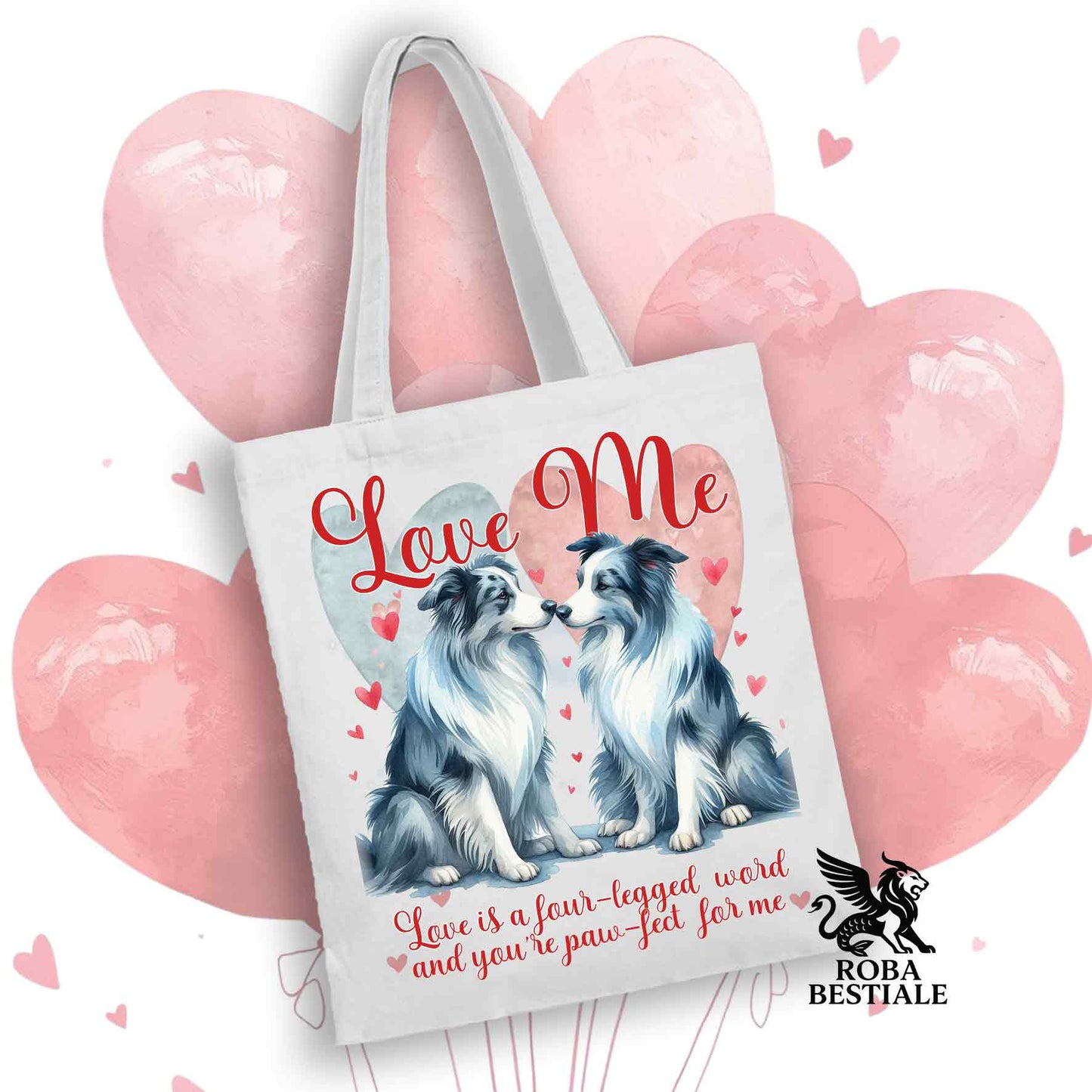 Tote Bag LOVE ME - BORDER COLLIE Blue Merle - 100% Cotone - Bianca o Beige