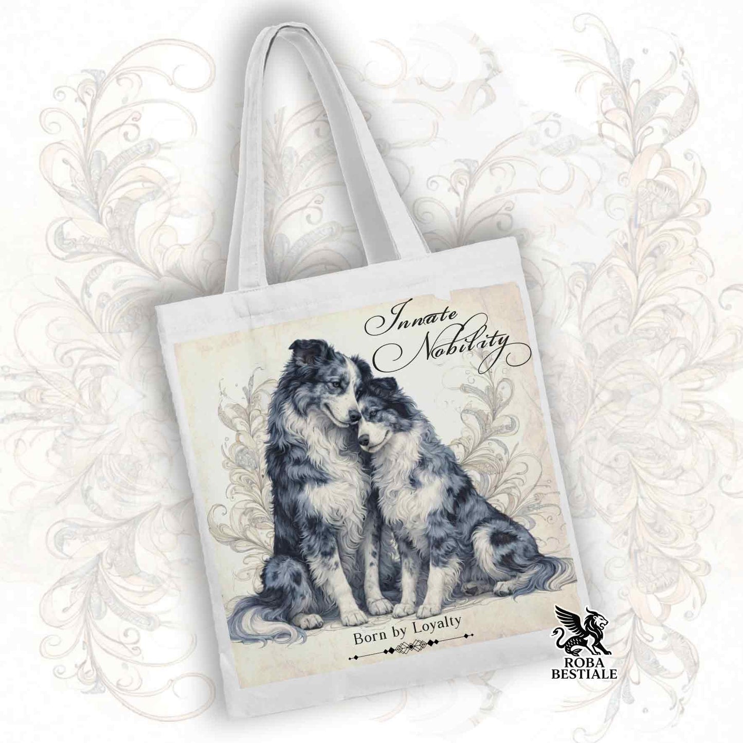 Tote Bag NOBILITY - BORDER COLLIE Blue Merle - 100% Cotone - Bianca o Beige