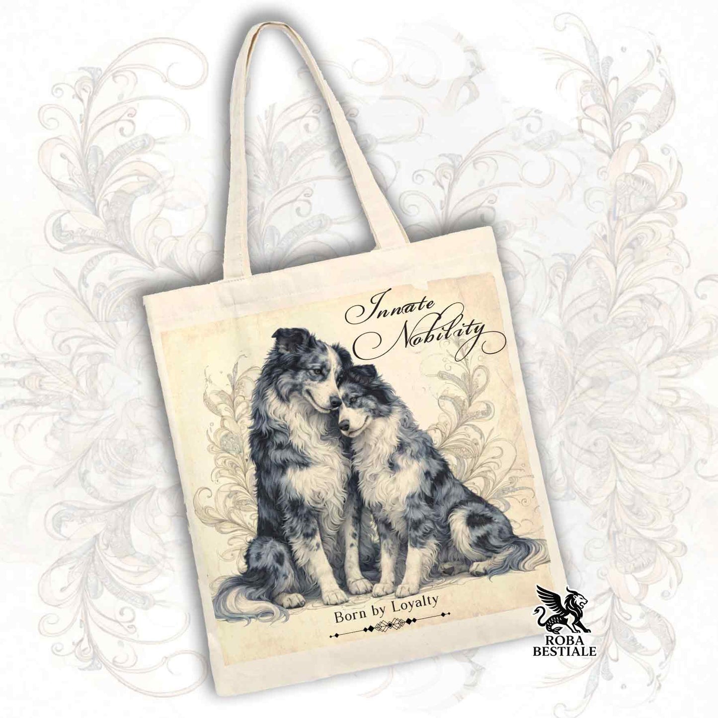 Tote Bag NOBILITY - BORDER COLLIE Blue Merle - 100% Cotone - Bianca o Beige