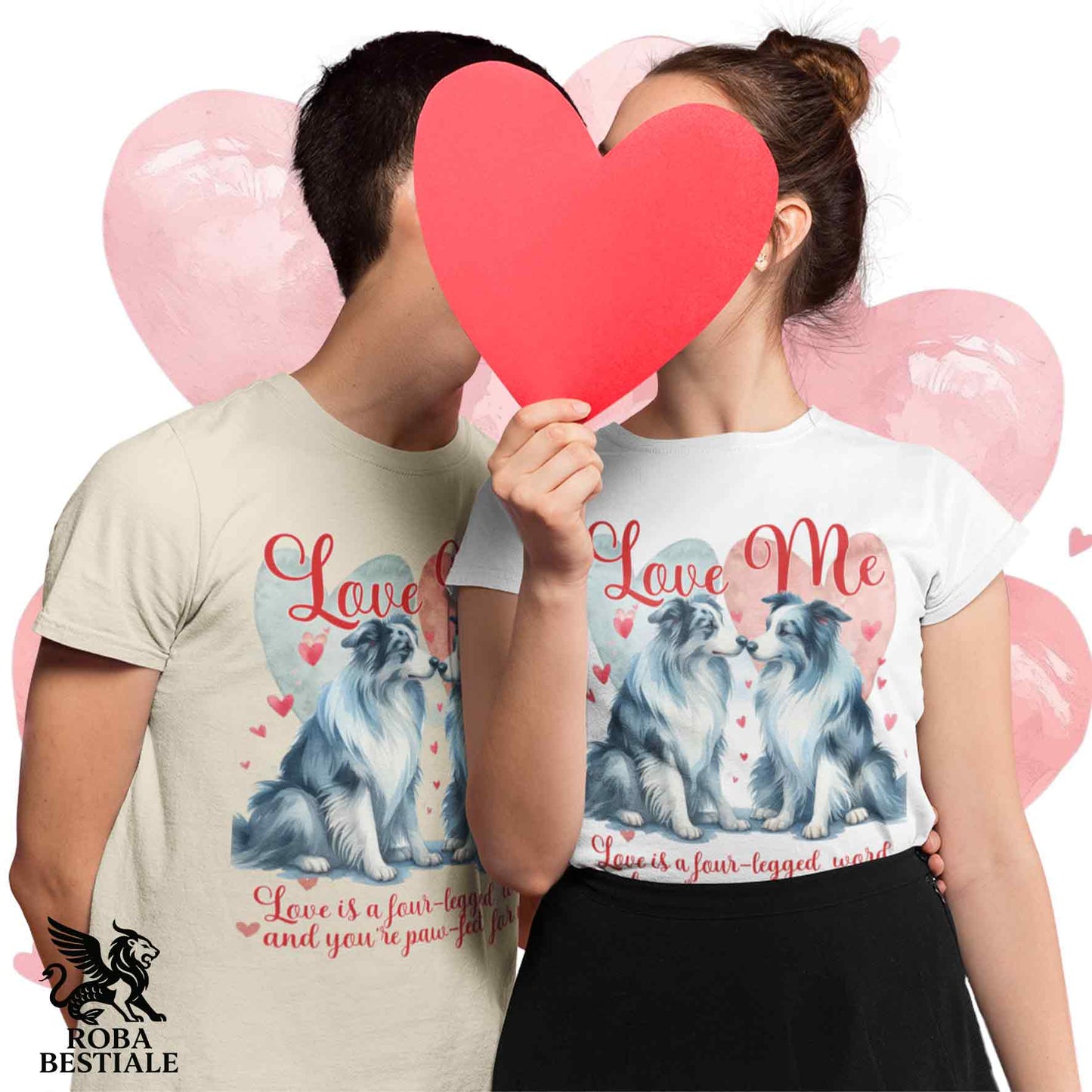 T-shirt LOVE ME - BORDER COLLIE Blue Merle - Bianca o Beige, Uomo o Donna - dalla XS alla 5XL