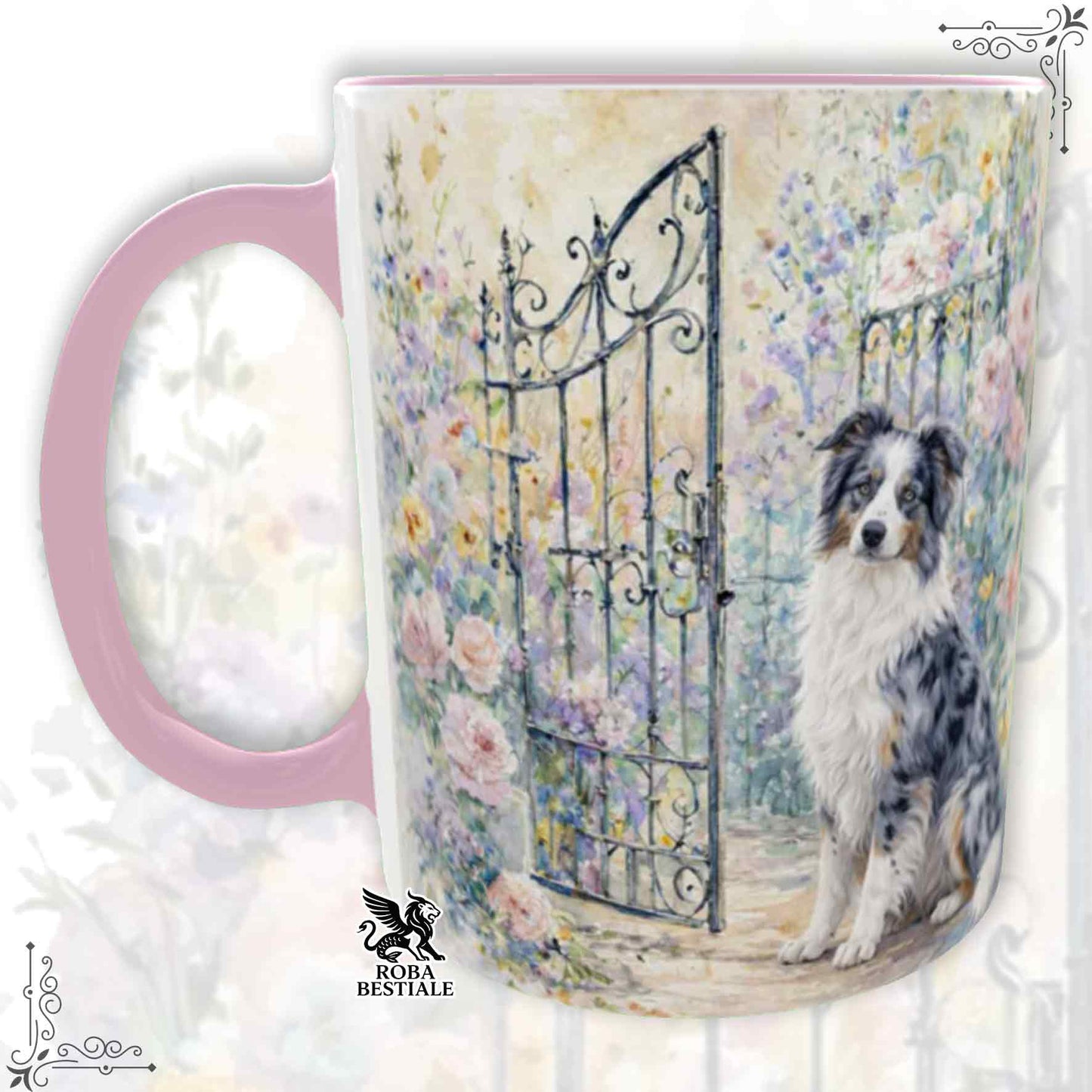 Tazza SECRET GARDEN - BORDER COLLIE Blue Merle - Dettagli ROSA - 330 ml - in Ceramica