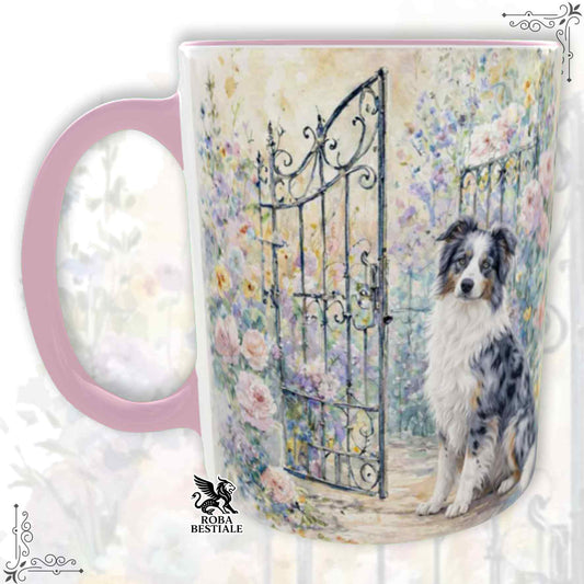 Tazza SECRET GARDEN - BORDER COLLIE Blue Merle - Dettagli ROSA - 330 ml - in Ceramica