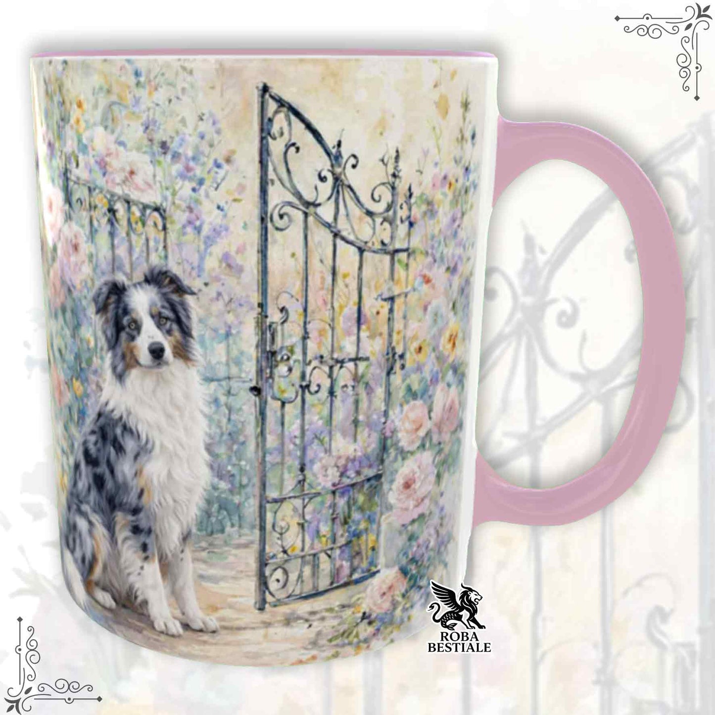 Tazza SECRET GARDEN - BORDER COLLIE Blue Merle - Dettagli ROSA - 330 ml - in Ceramica