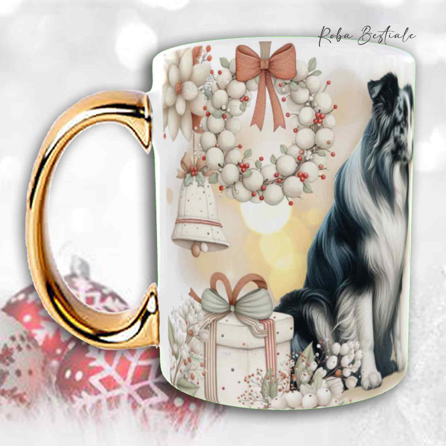 Tazza COZY WINTER - BORDER COLLIE Blue Merle - In Ceramica, con manico color Oro - 330 ml