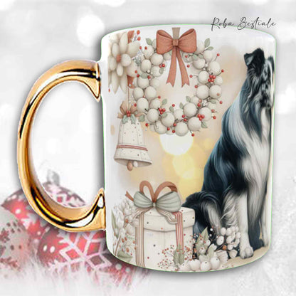 Tazza COZY WINTER - BORDER COLLIE Blue Merle - In Ceramica, con manico color Oro - 330 ml