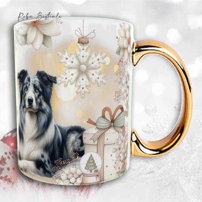 Tazza COZY WINTER - BORDER COLLIE Blue Merle - In Ceramica, con manico color Oro - 330 ml