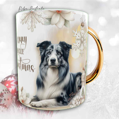 Tazza COZY WINTER - BORDER COLLIE Blue Merle - In Ceramica, con manico color Oro - 330 ml