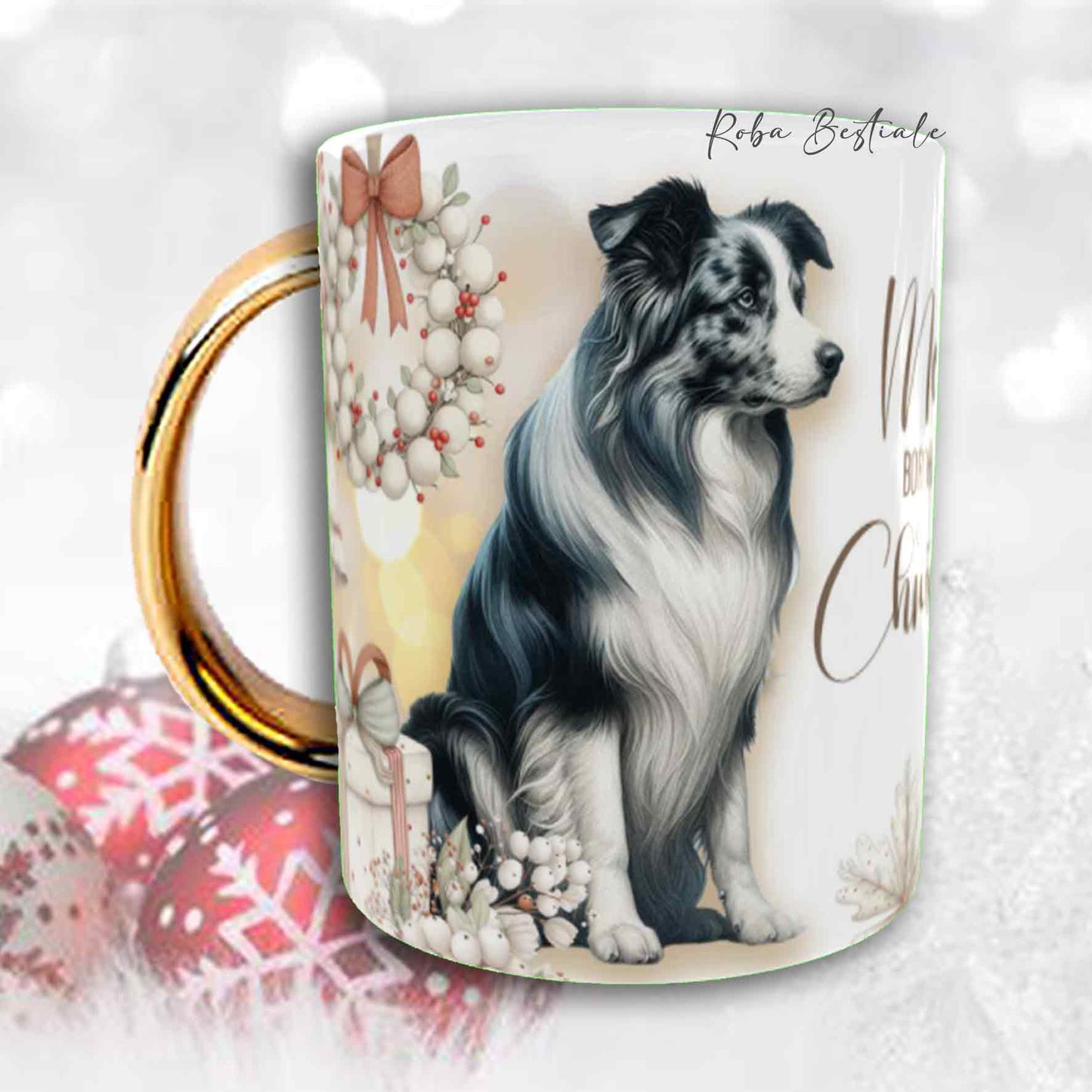 Tazza COZY WINTER - BORDER COLLIE Blue Merle - In Ceramica, con manico color Oro - 330 ml