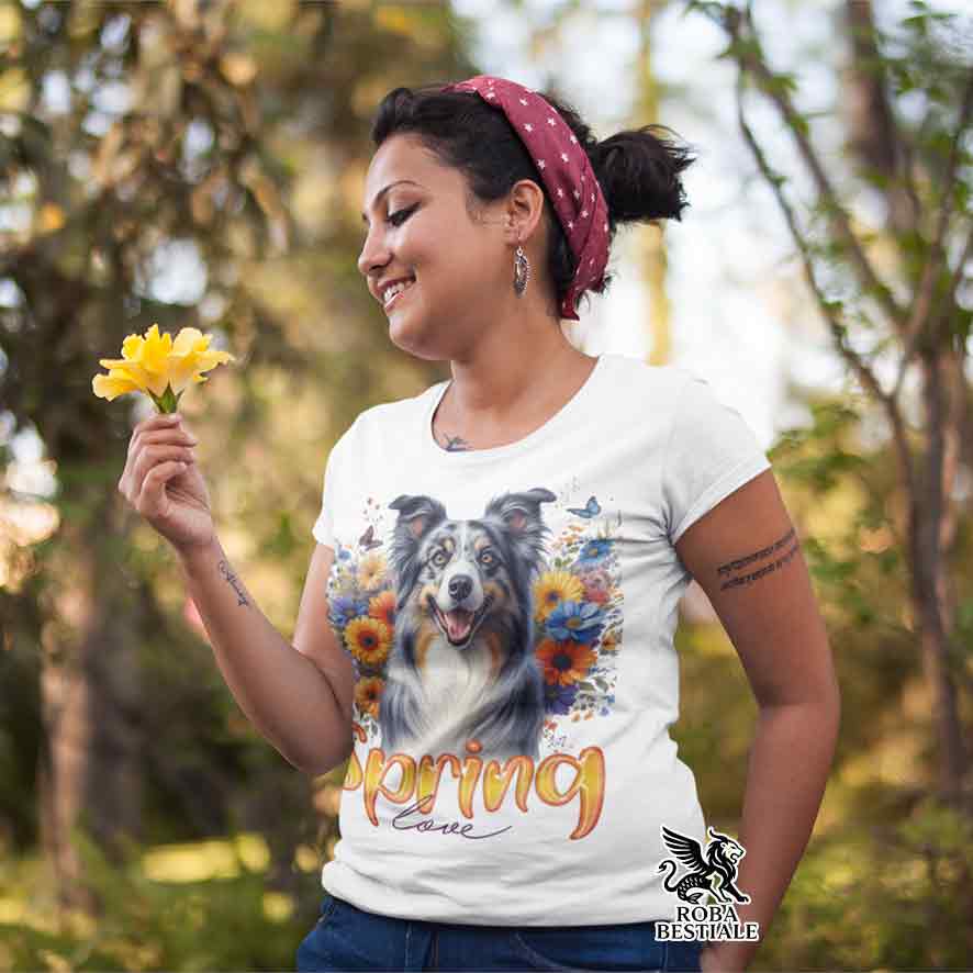 T-Shirt SPRING LOVE - BORDER COLLIE Blue Merle - Bianca o Beige, da Uomo o da Donna - dalla XS alla 5XL