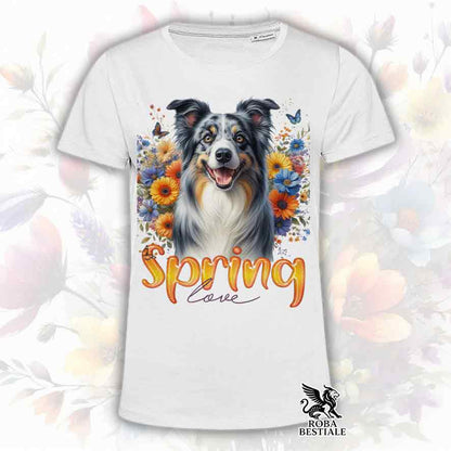 T-Shirt SPRING LOVE - BORDER COLLIE Blue Merle - Bianca o Beige, da Uomo o da Donna - dalla XS alla 5XL